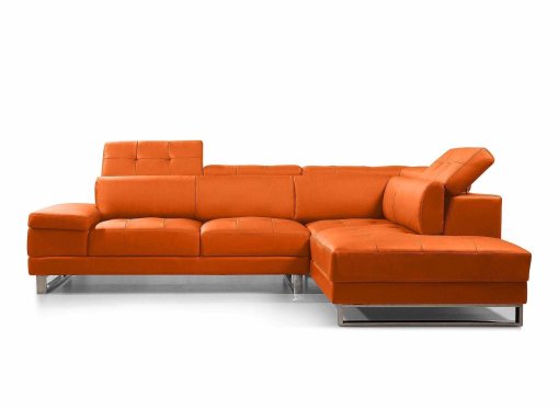 Canapé d'angle cuir orange capitonné + têtières relevable FIONA - Angle Droit