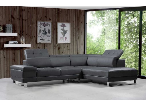 Canapé d'angle cuir gris capitonné + têtières relevable FIONA - Angle Droit