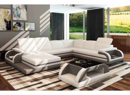 Canapé panoramique en cuir blanc et gris design BALI PANORAMIQUE - Angle gauche