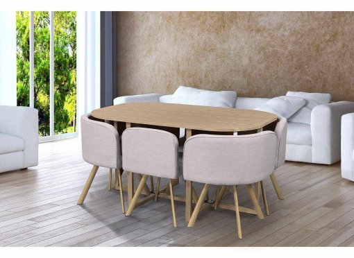 Ensemble table + 6 chaises encastrables beige FLEN XL