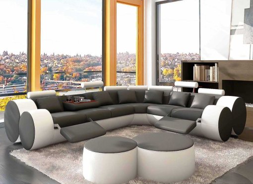 Canapé d'angle droit cuir gris et blanc + positions relax ROMA