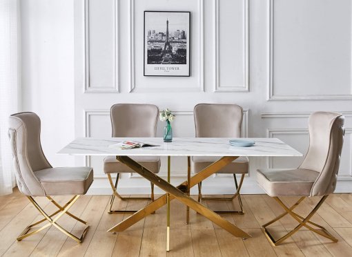 Table à manger rectangulaire design verre marbré et pieds dorés 6 personnes MELISSA