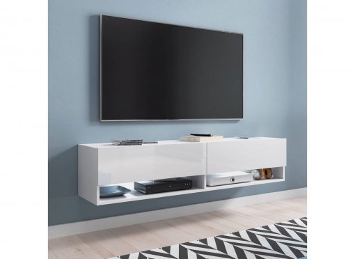 Meuble TV suspendu 2 portes 2 niches blanc ROMANE XL - 140 cm