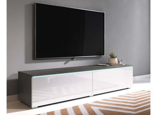 Meuble TV contemporain gris et blanc avec LED 2 portes MALORIE - 140 cm