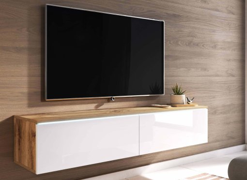Meuble TV contemporain chêne et laqué blanc avec LED 2 portes MALORIE - 140 cm