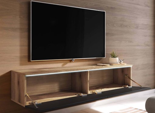 Meuble TV  chêne vieilli et noir laqué avec LED 2 portes MALORIE- 140 cm