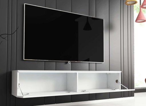 Meuble TV contemporain laqué blanc avec LED 2 portes MALORIE - 140 cm