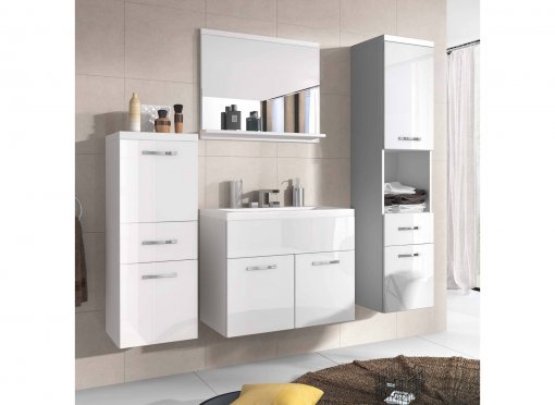 Ensemble meubles salle de bain design suspendu - Blanc laqué SHELBY