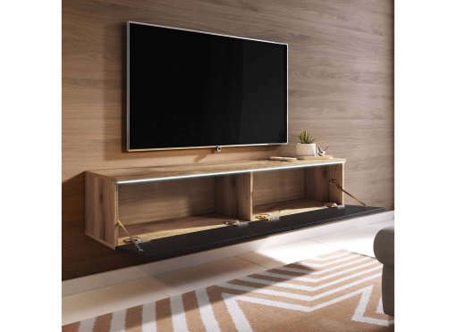 Meuble TV chêne vieilli et noir laqué avec LED 2 portes MALORIE- 180 cm