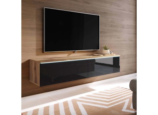 Meuble TV chêne vieilli et noir laqué avec LED 2 portes MALORIE- 180 cm