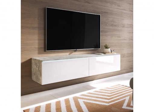 Meuble TV contemporain béton et laqué blanc avec LED 2 portes MALORIE - 180 cm