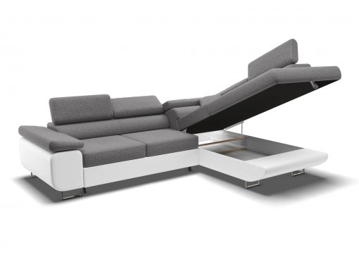 Canapé d’angle convertible avec coffre en tissu gris et simili blanc ASHER – Angle Droit